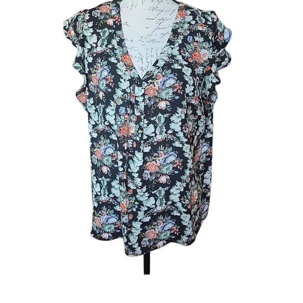 Philosophy Women's Size Large Black Floral Print Ruffle Sleeve Blouse